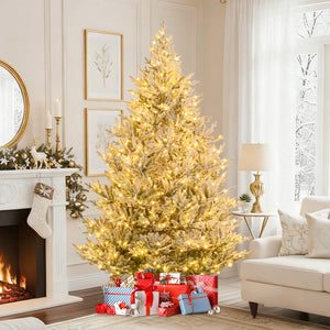 6/7/8 Feet Pre-Lit Artificial Christmas Tree Hinged Snow Flocked Xmas Tree-8 Feet