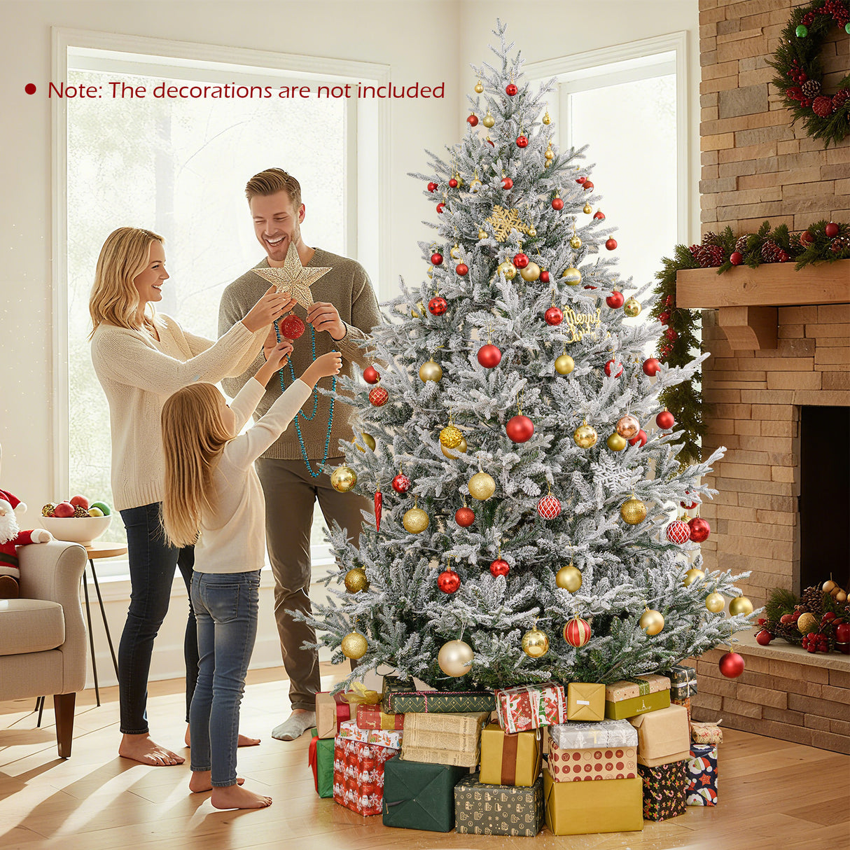 6/7/8 Feet Pre-Lit Artificial Christmas Tree Hinged Snow Flocked Xmas Tree-8 Feet