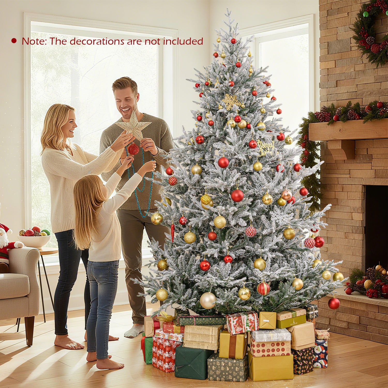 6/7/8 Feet Pre-Lit Artificial Christmas Tree Hinged Snow Flocked Xmas Tree-8 Feet