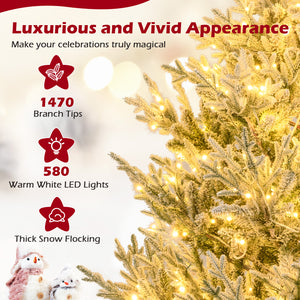 6/7/8 Feet Pre-Lit Artificial Christmas Tree Hinged Snow Flocked Xmas Tree-8 Feet