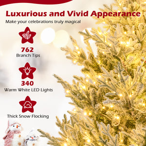 6/7/8 Feet Pre-Lit Artificial Christmas Tree Hinged Snow Flocked Xmas Tree-6 ft