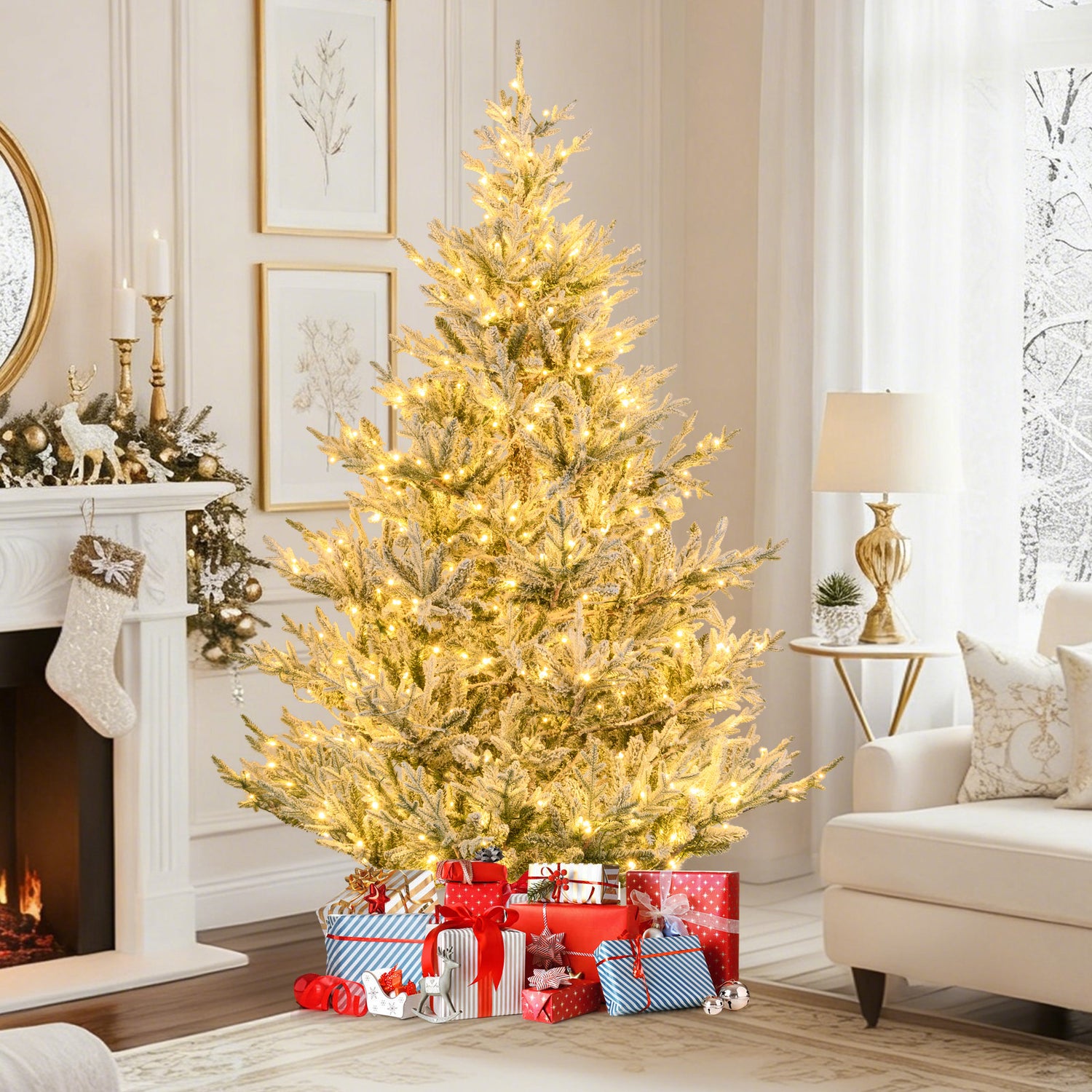 6/7/8 Feet Pre-Lit Artificial Christmas Tree Hinged Snow Flocked Xmas Tree-7 ft