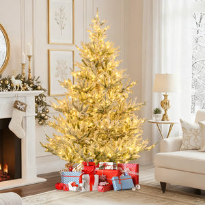 6/7/8 Feet Pre-Lit Artificial Christmas Tree Hinged Snow Flocked Xmas Tree-7 ft