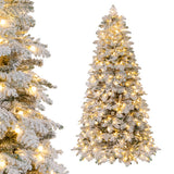 6/7 Feet Artificial Snow-flocked Christmas Tree Pre-lit Hinged Xmas Tree with 130 Twinkle Balls-7 Feet