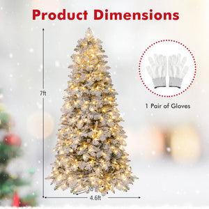 6/7 Feet Artificial Snow-flocked Christmas Tree Pre-lit Hinged Xmas Tree with 130 Twinkle Balls-7 Feet