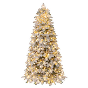 6/7 Feet Artificial Snow-flocked Christmas Tree Pre-lit Hinged Xmas Tree with 130 Twinkle Balls-7 Feet