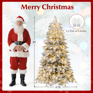6/7 Feet Artificial Snow-flocked Christmas Tree Pre-lit Hinged Xmas Tree with 130 Twinkle Balls-6 Feet