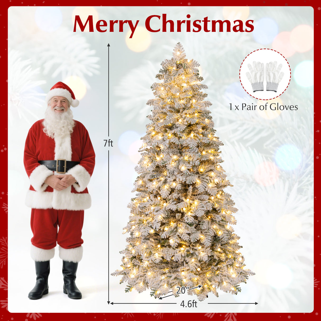 6/7 Feet Artificial Snow-flocked Christmas Tree Pre-lit Hinged Xmas Tree with 130 Twinkle Balls-7 Feet