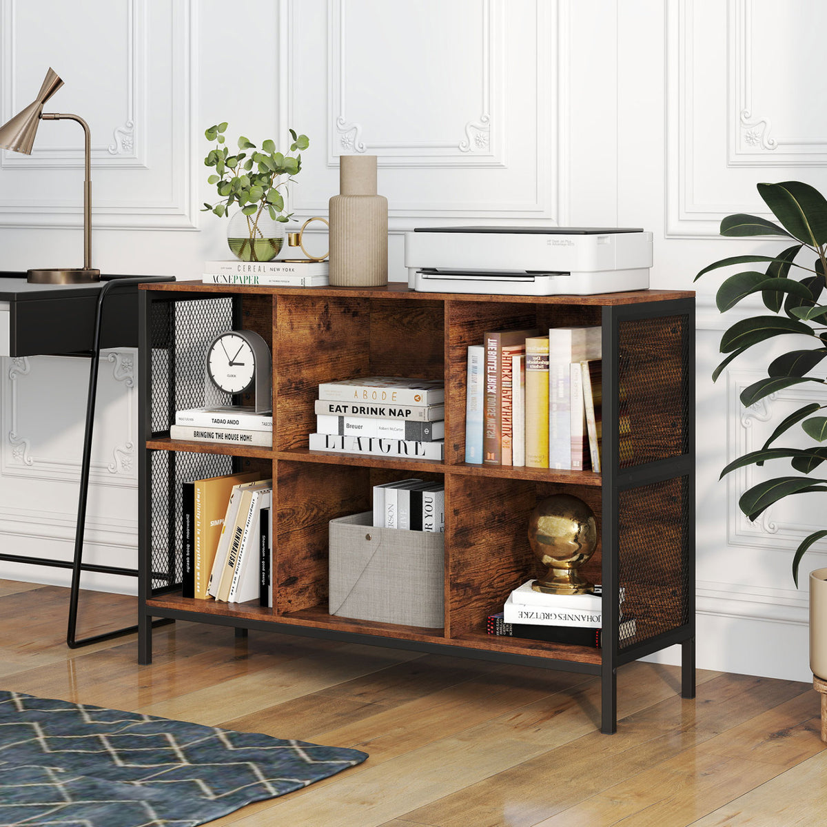 6 Cube Bookcase 42" Wide Horizontal Bookshelf with Accent Cubby Shelf-Rustic Brown