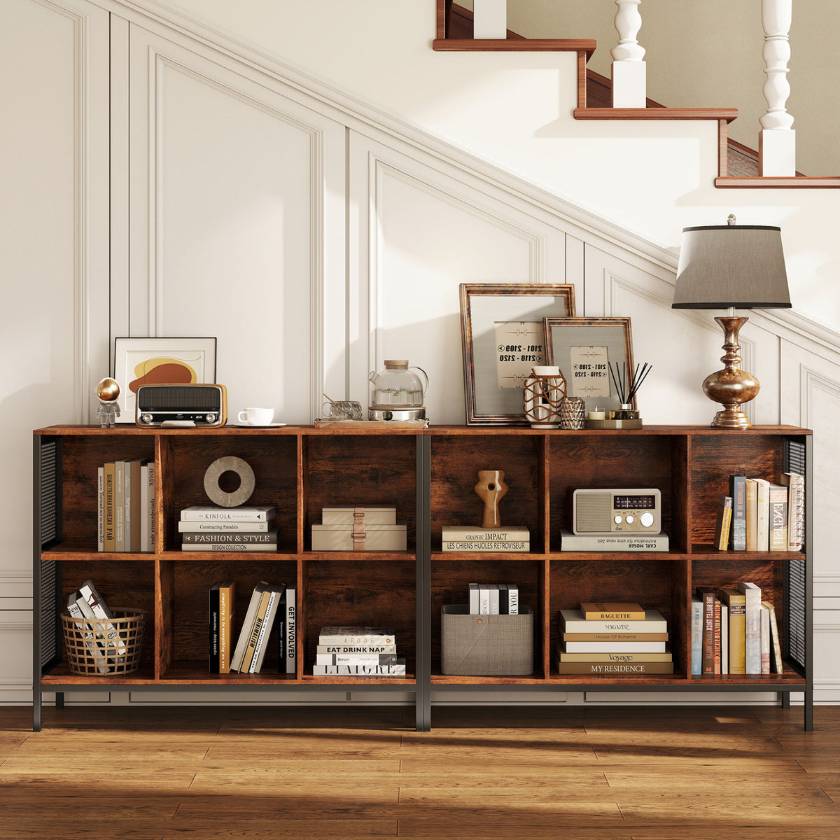6 Cube Bookcase 42" Wide Horizontal Bookshelf with Accent Cubby Shelf-Rustic Brown