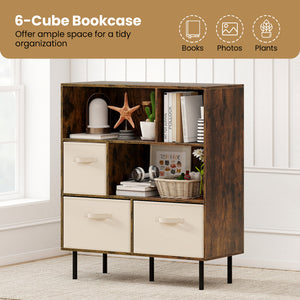 6-Cube Bookshelf with 3 Removable Folding Fabric Drawers for Living Room-Rustic Brown