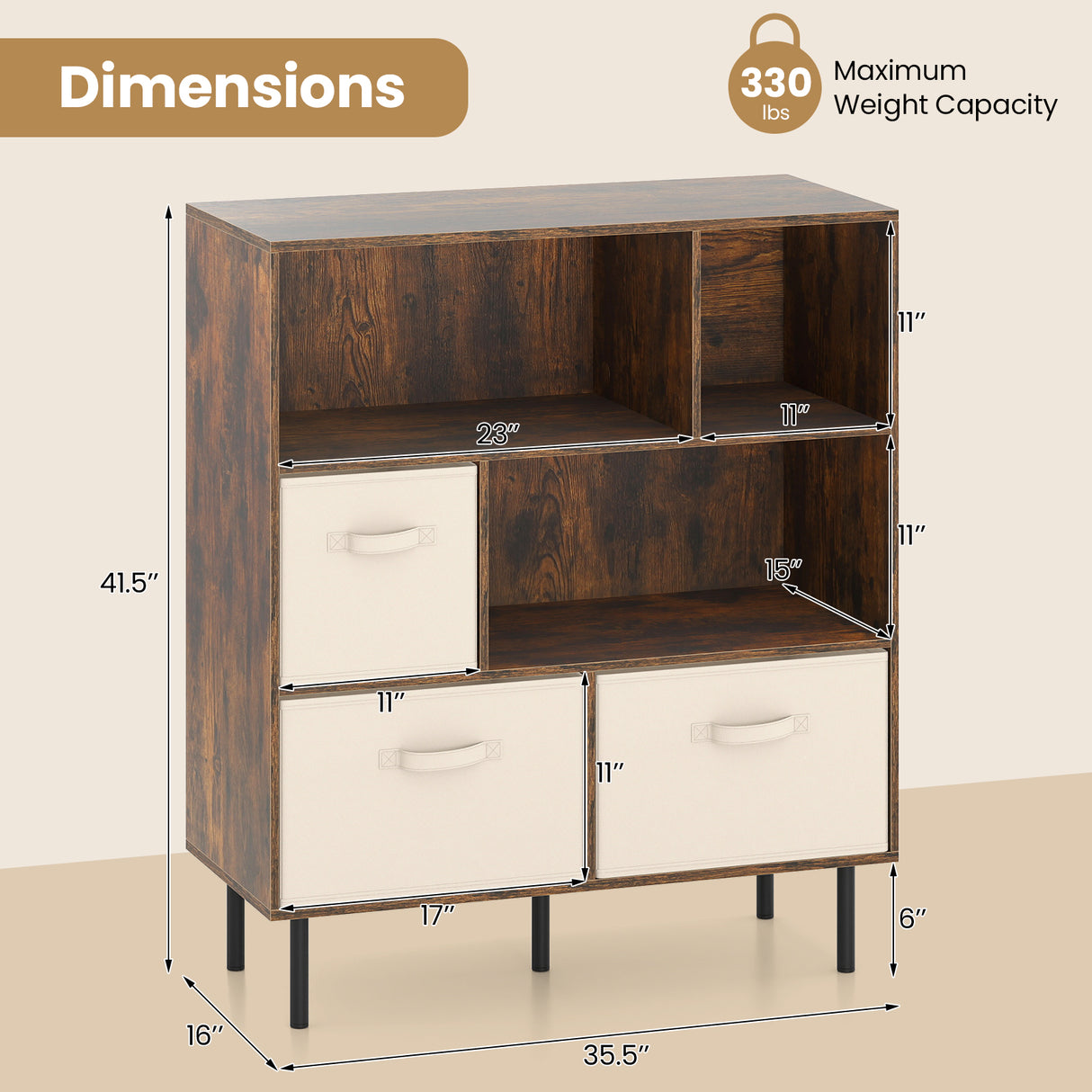 6-Cube Bookshelf with 3 Removable Folding Fabric Drawers for Living Room-Rustic Brown