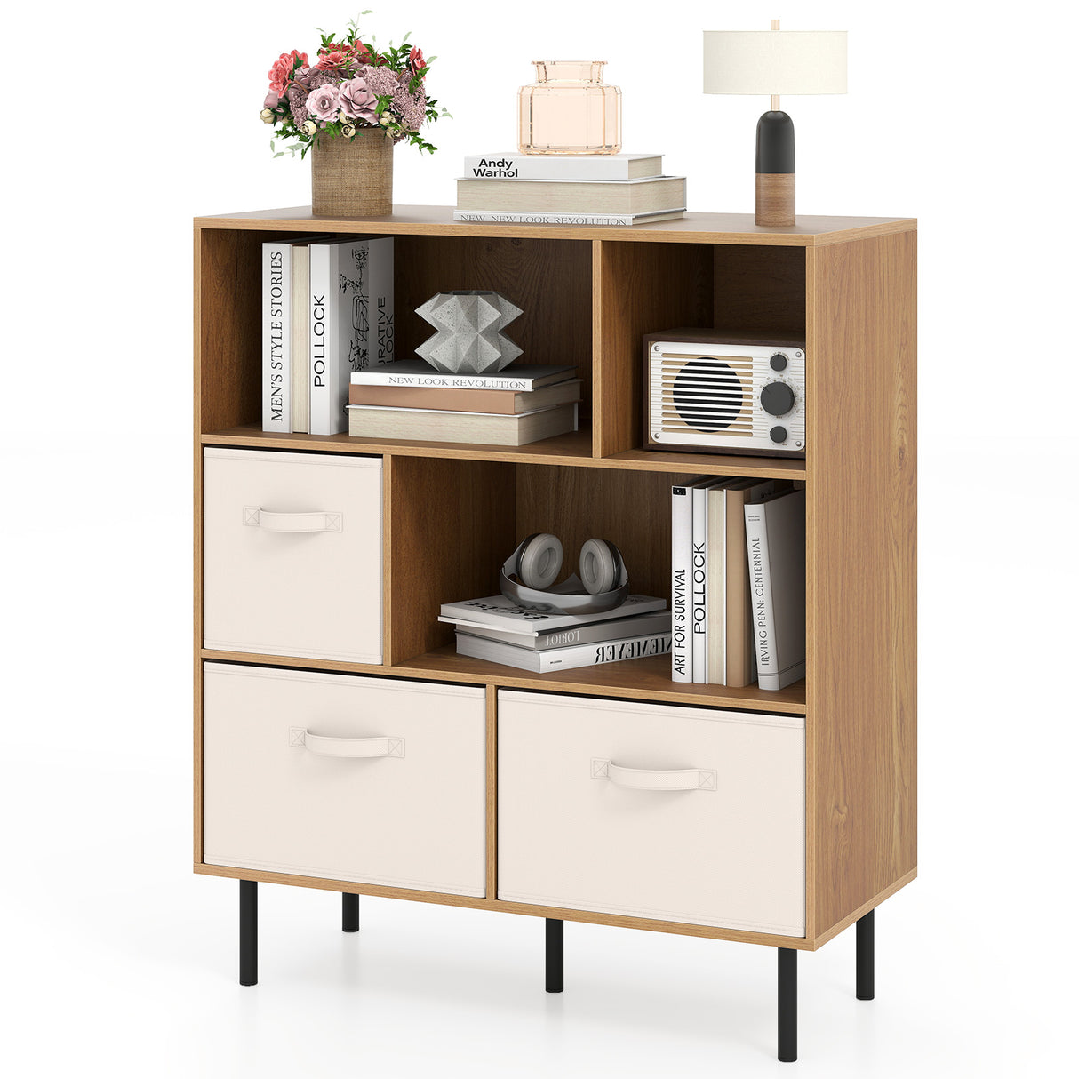 6-Cube Bookshelf with 3 Removable Folding Fabric Drawers for Living Room-Natural