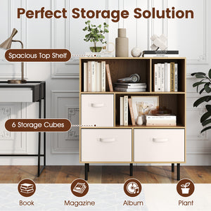 6-Cube Bookshelf with 3 Removable Folding Fabric Drawers for Living Room-Natural