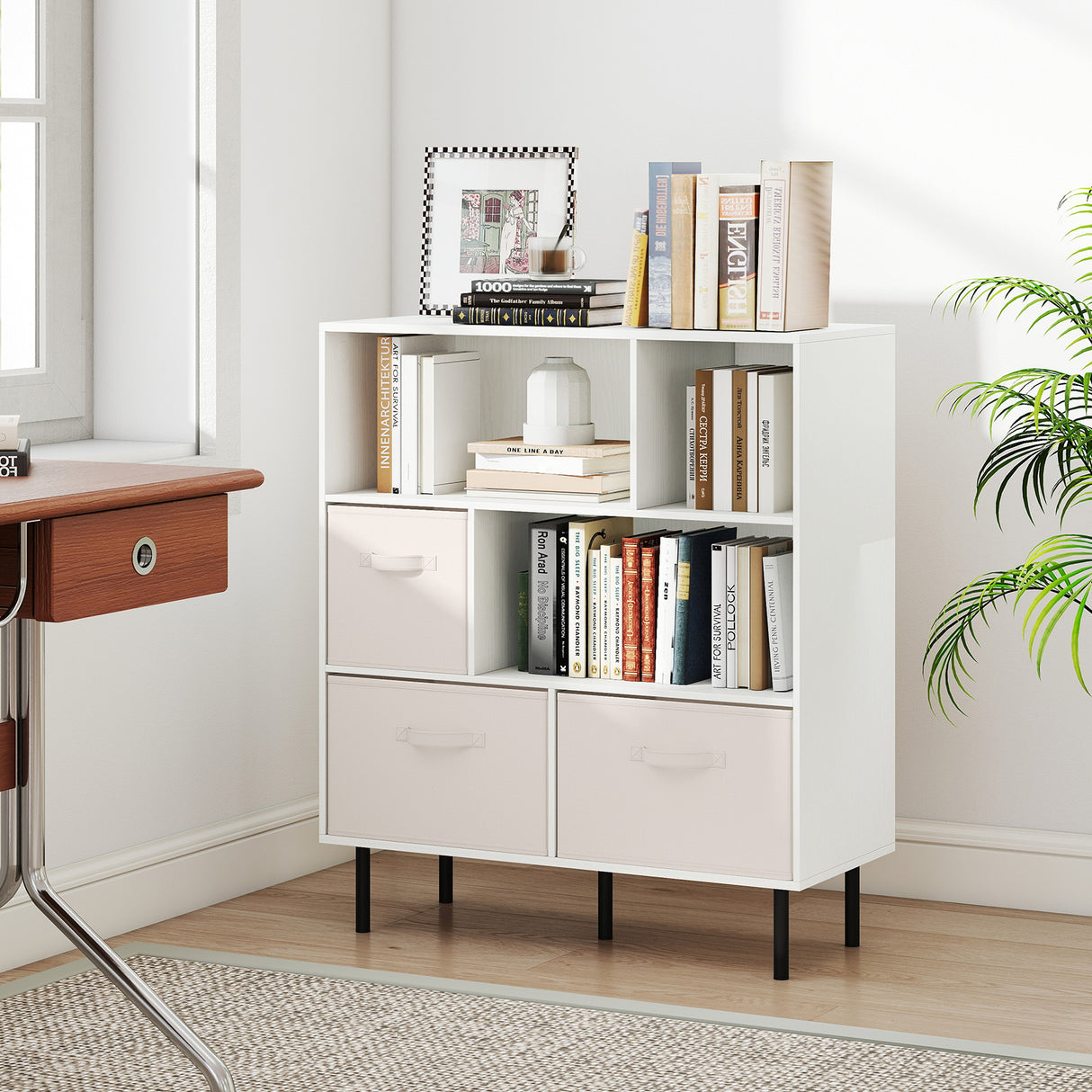 6-Cube Bookshelf with 3 Removable Folding Fabric Drawers for Living Room-White