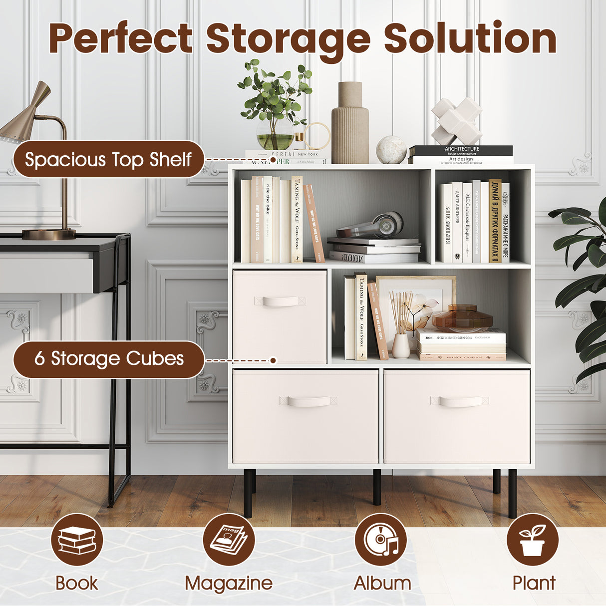 6-Cube Bookshelf with 3 Removable Folding Fabric Drawers for Living Room-White