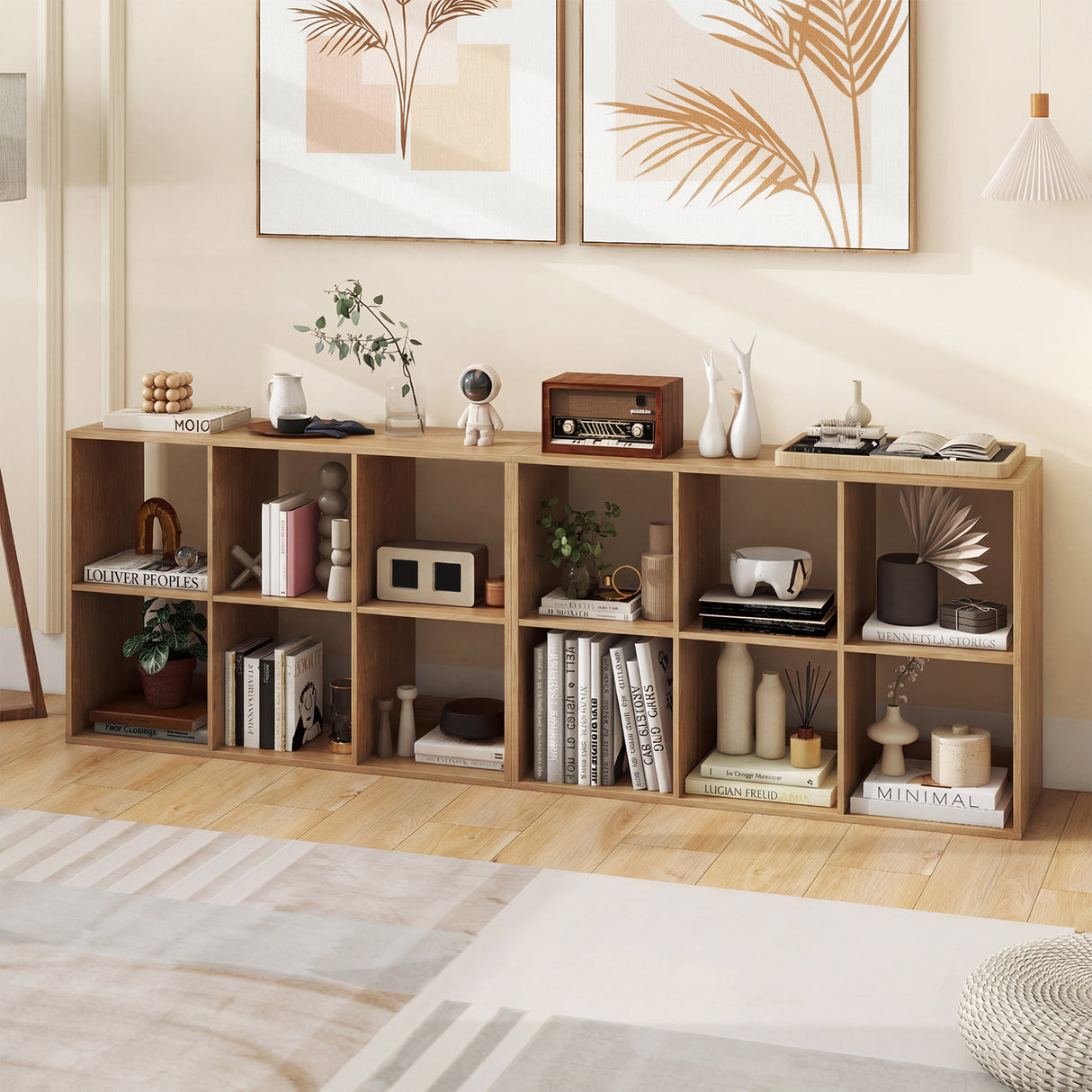 6 Cube Bookshelf with Back Guardrail for Living Room Bedroom-Natural