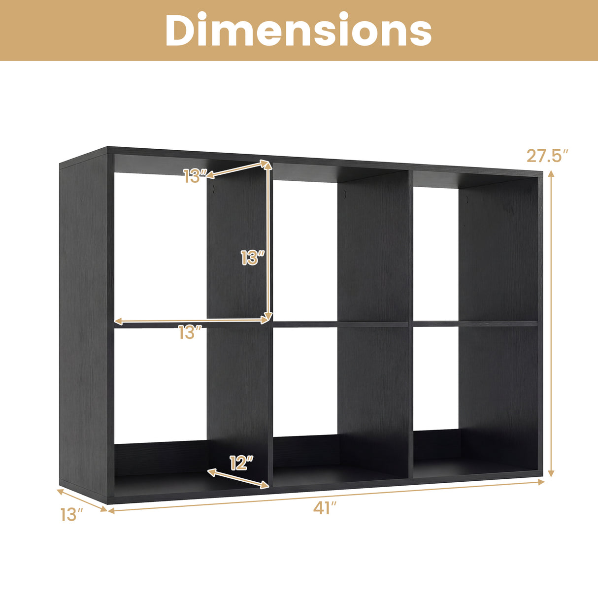 6 Cube Bookshelf with Back Guardrail for Living Room Bedroom-Black