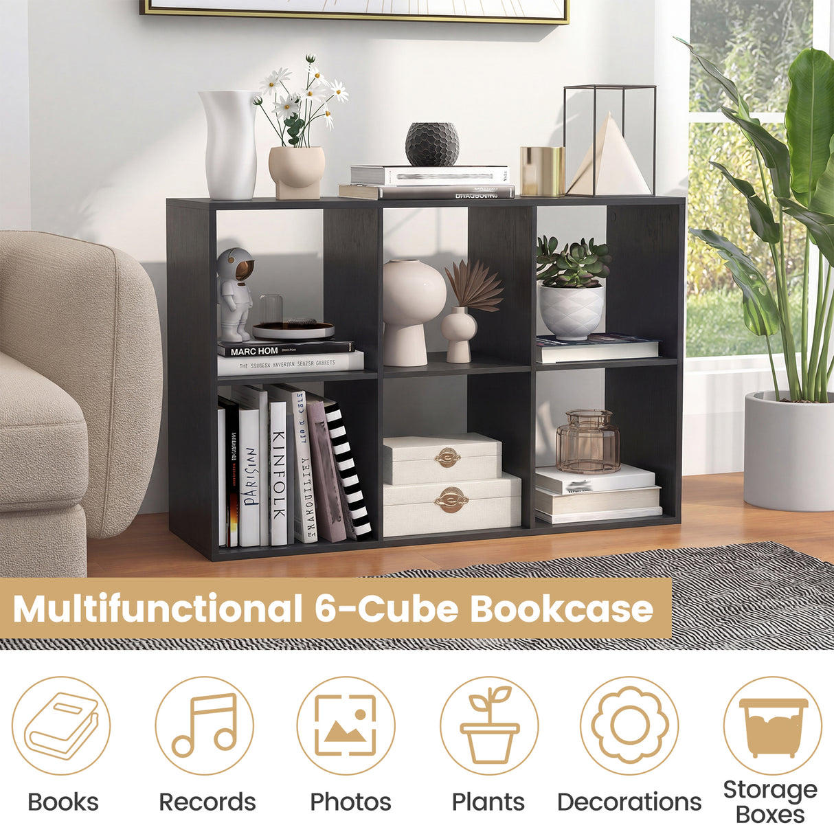 6 Cube Bookshelf with Back Guardrail for Living Room Bedroom-Black