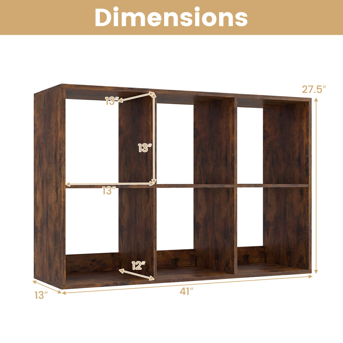 6 Cube Bookshelf with Back Guardrail for Living Room Bedroom-Rustic Brown