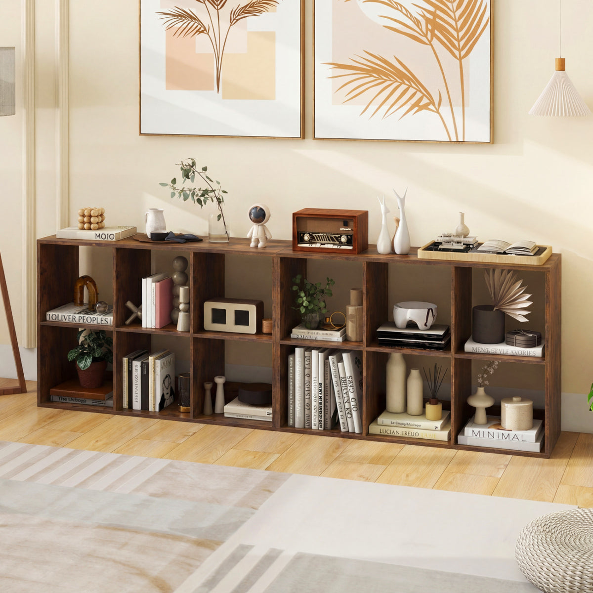 6 Cube Bookshelf with Back Guardrail for Living Room Bedroom-Rustic Brown