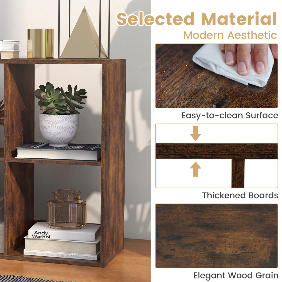 6 Cube Bookshelf with Back Guardrail for Living Room Bedroom-Rustic Brown