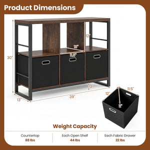 6 Cube Industrial Short Bookshelf with 3 Bins & Metal Frame and Open Shelves for Indoor-Rustic Brown