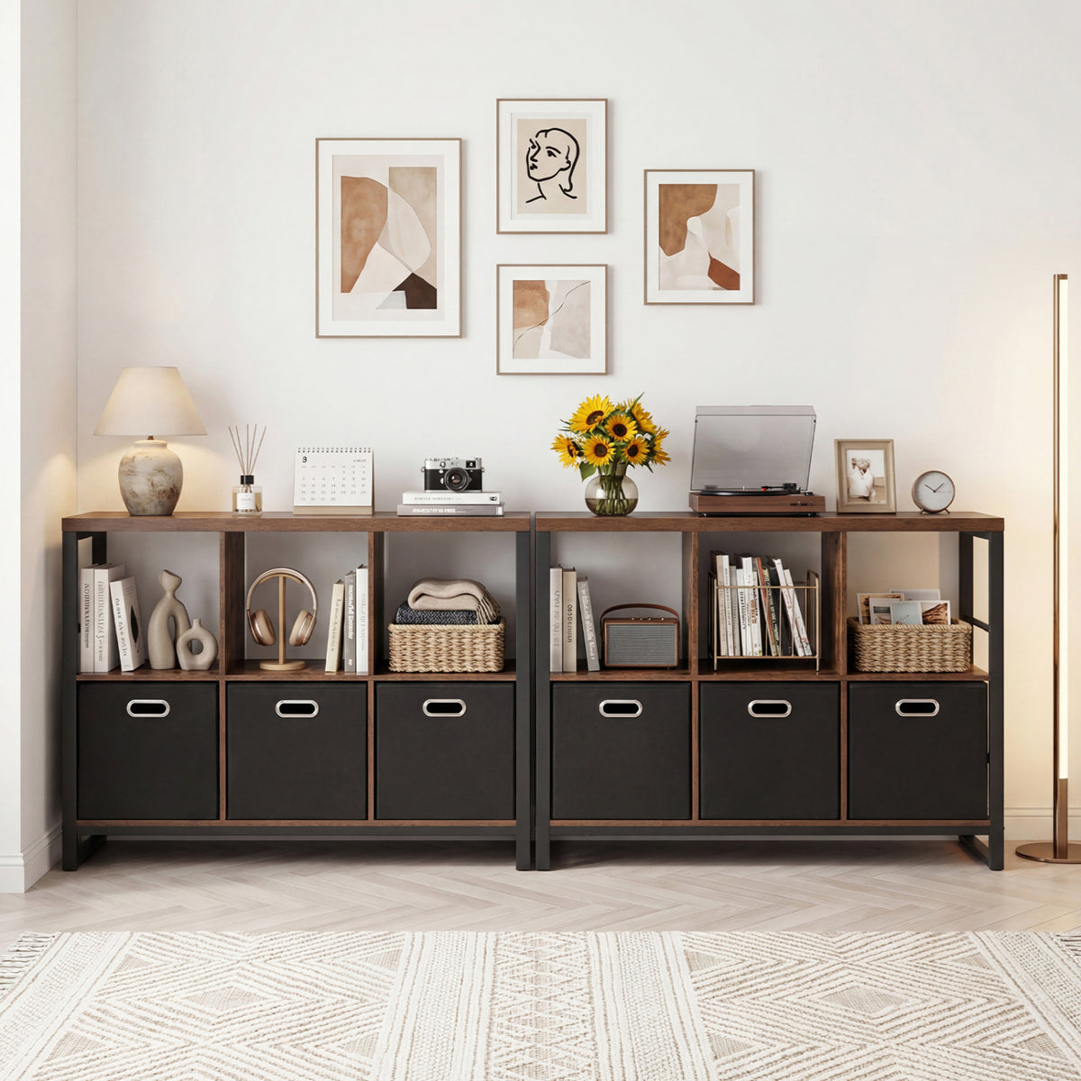6 Cube Industrial Short Bookshelf with 3 Bins & Metal Frame and Open Shelves for Indoor-Rustic Brown