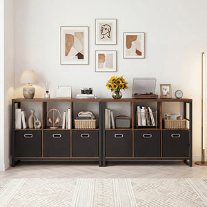 6 Cube Industrial Short Bookshelf with 3 Bins & Metal Frame and Open Shelves for Indoor-Rustic Brown