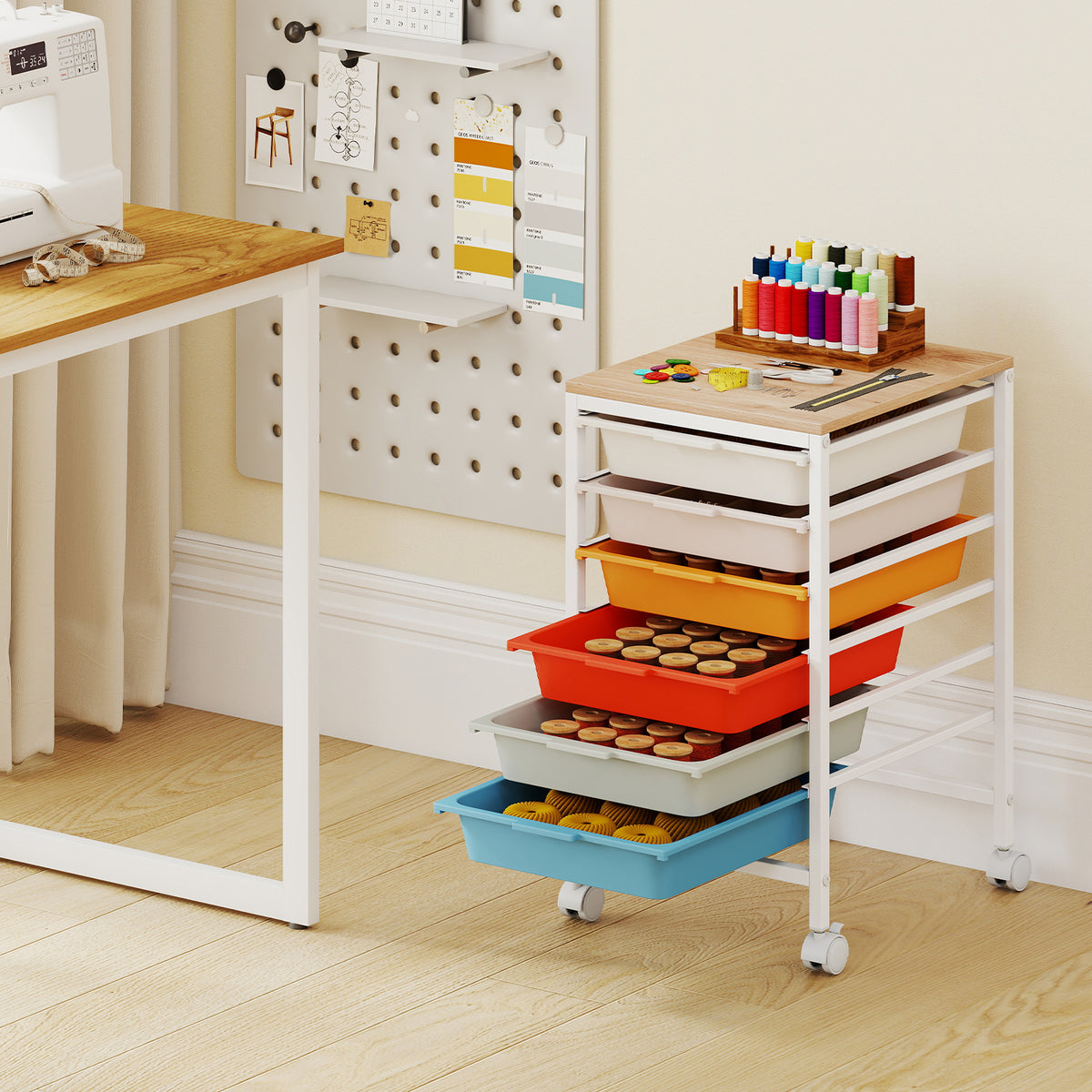 6-Drawer Rolling Storage Cart with Wooden Tabletop-Macaron