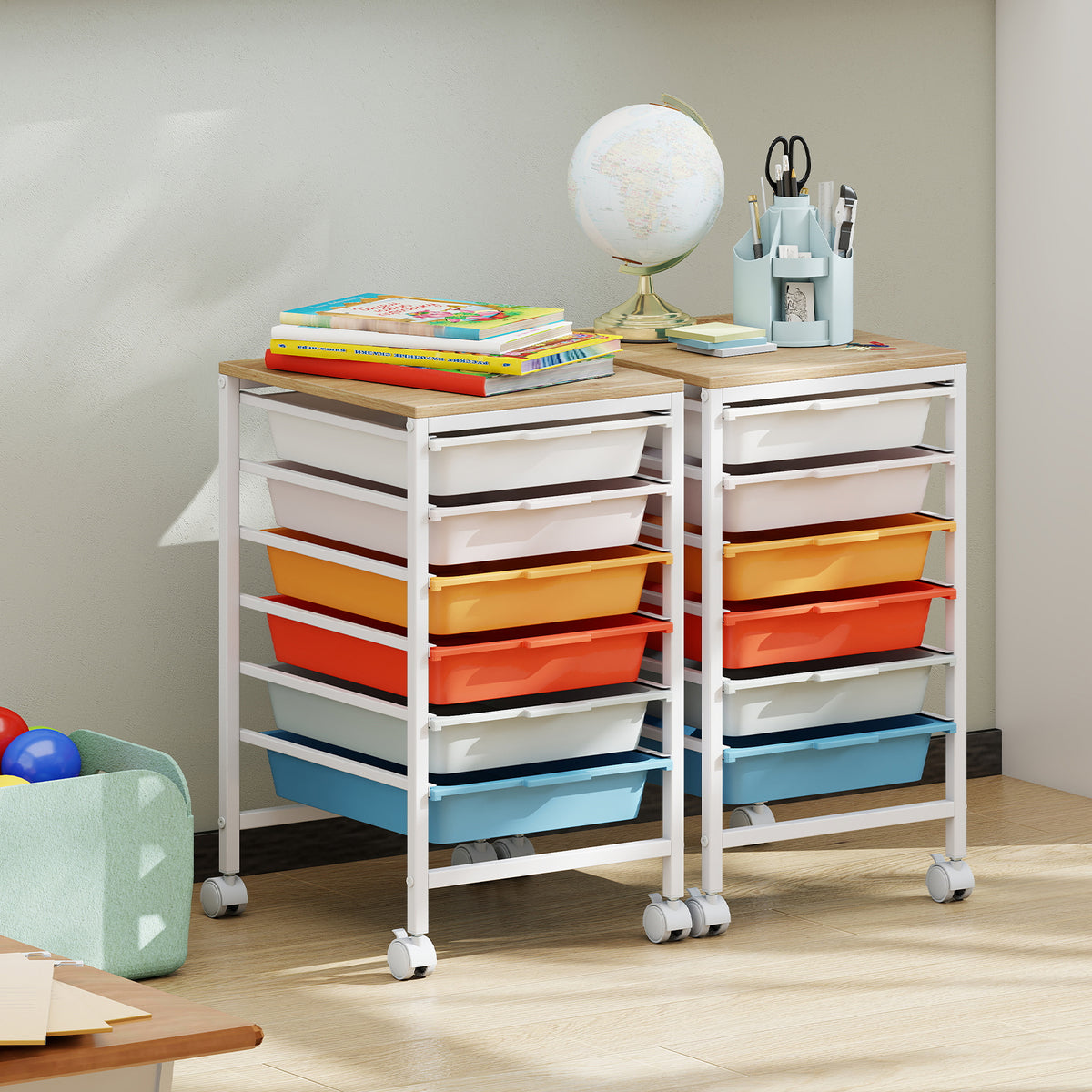 6-Drawer Rolling Storage Cart with Wooden Tabletop-Macaron