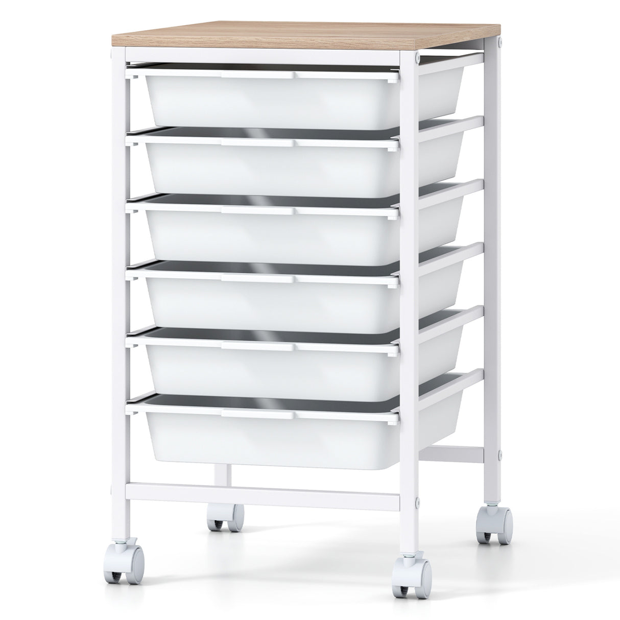 6-Drawer Rolling Storage Cart with Wooden Tabletop-White