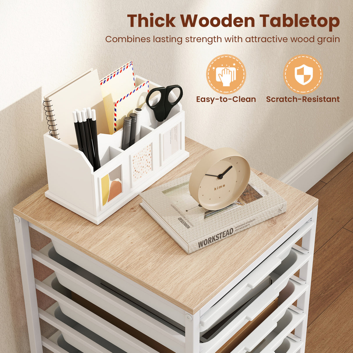 6-Drawer Rolling Storage Cart with Wooden Tabletop-White