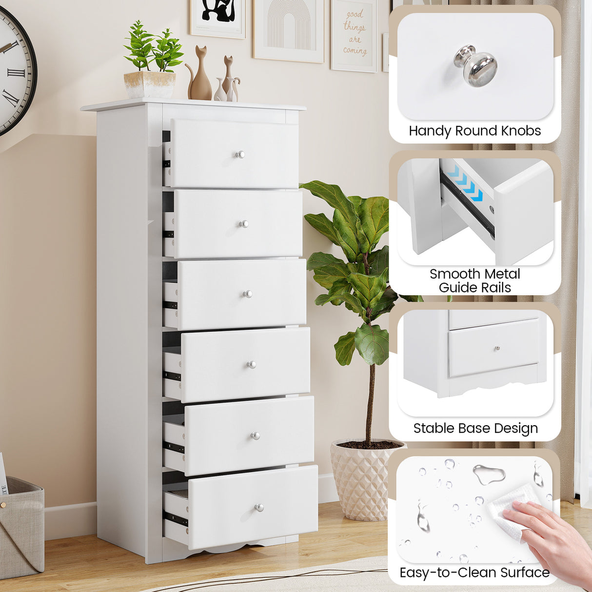 6 Drawers Chest Dresser Clothes Storage Bedroom Furniture Cabinet-White