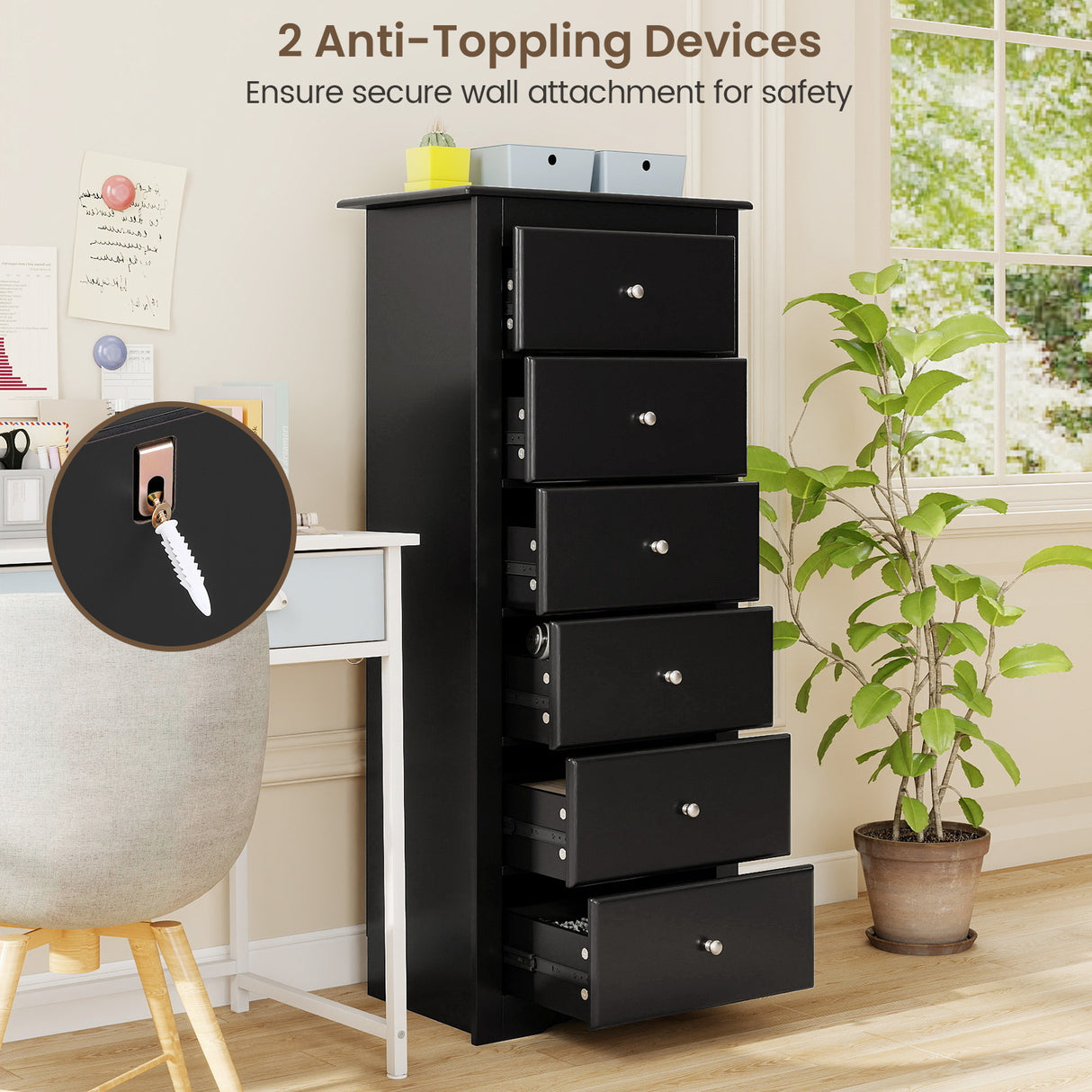 6 Drawers Chest Dresser Clothes Storage Bedroom Furniture Cabinet-Black