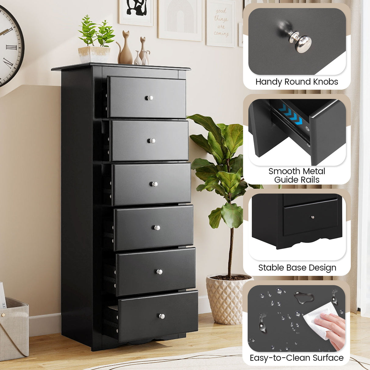 6 Drawers Chest Dresser Clothes Storage Bedroom Furniture Cabinet-Black