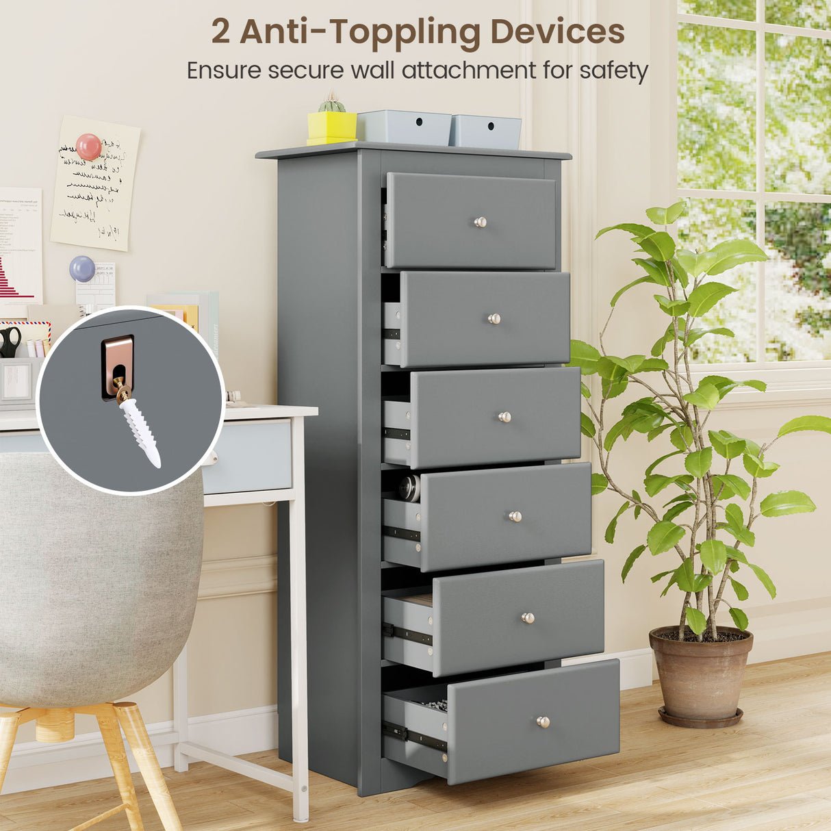 6 Drawers Chest Dresser Clothes Storage Bedroom Furniture Cabinet-Gray