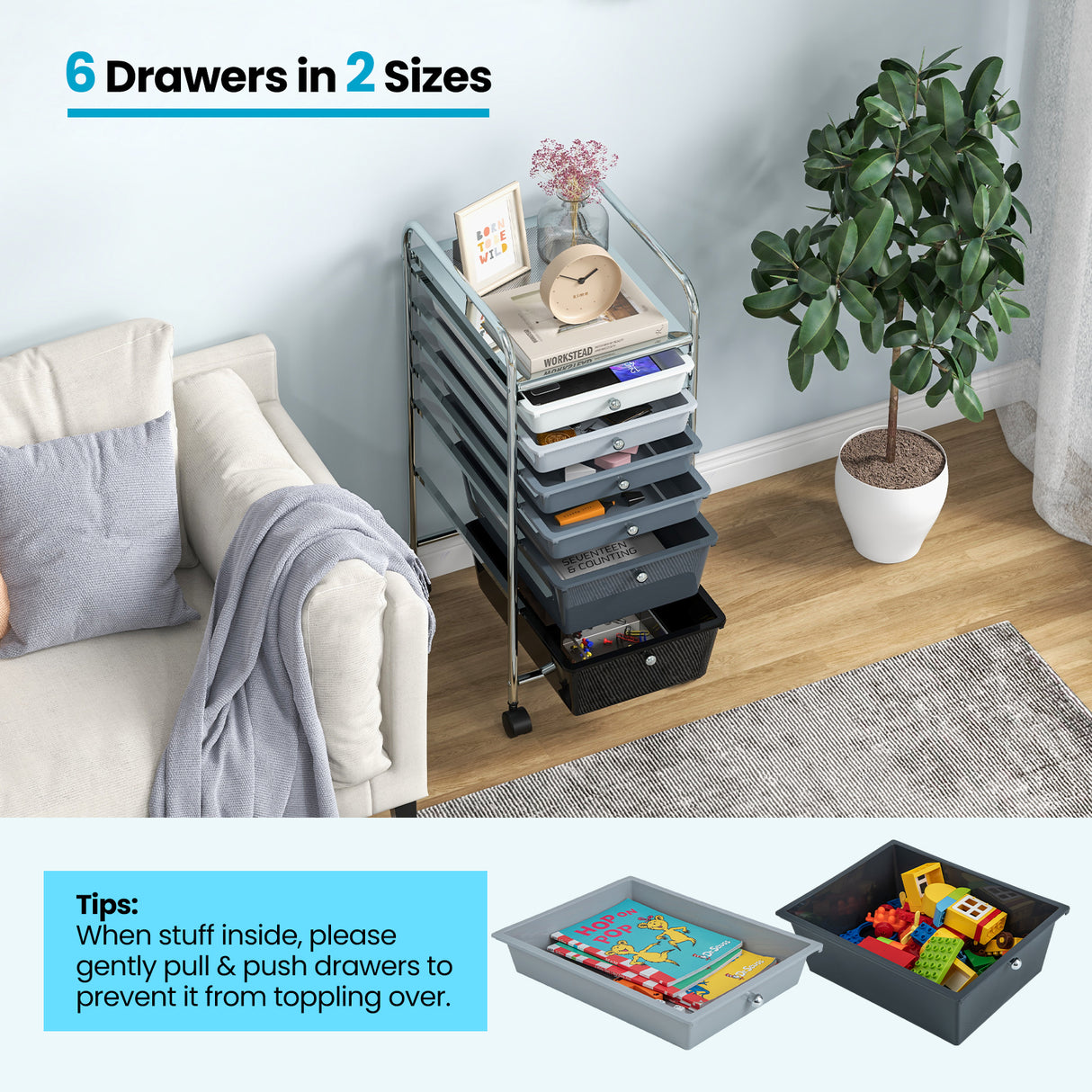 6 Drawers Rolling Storage Cart Organizer-Mixed Black