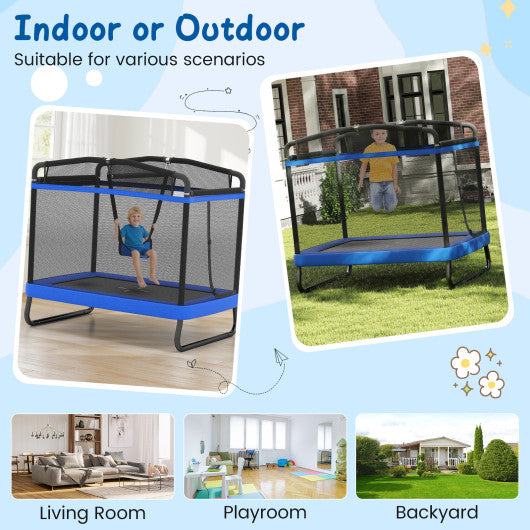 6 FT Kids Trampoline with Swing and Horizontal Bar Small Rectangle Trampoline-Blue