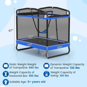 6 FT Kids Trampoline with Swing and Horizontal Bar Small Rectangle Trampoline-Blue