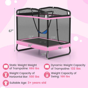 6 FT Kids Trampoline with Swing and Horizontal Bar Small Rectangle Trampoline-Pink