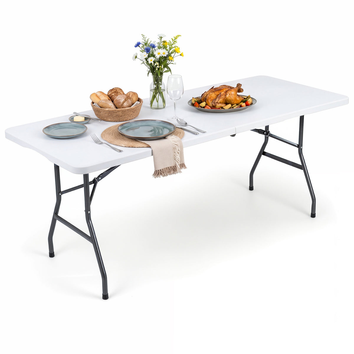 6 FT Plastic Fold-in-Half Camping Table-White