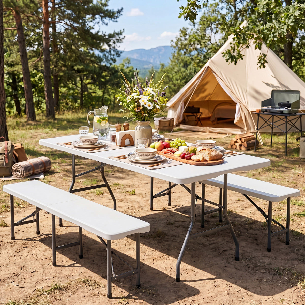 6 FT Plastic Fold-in-Half Camping Table-White