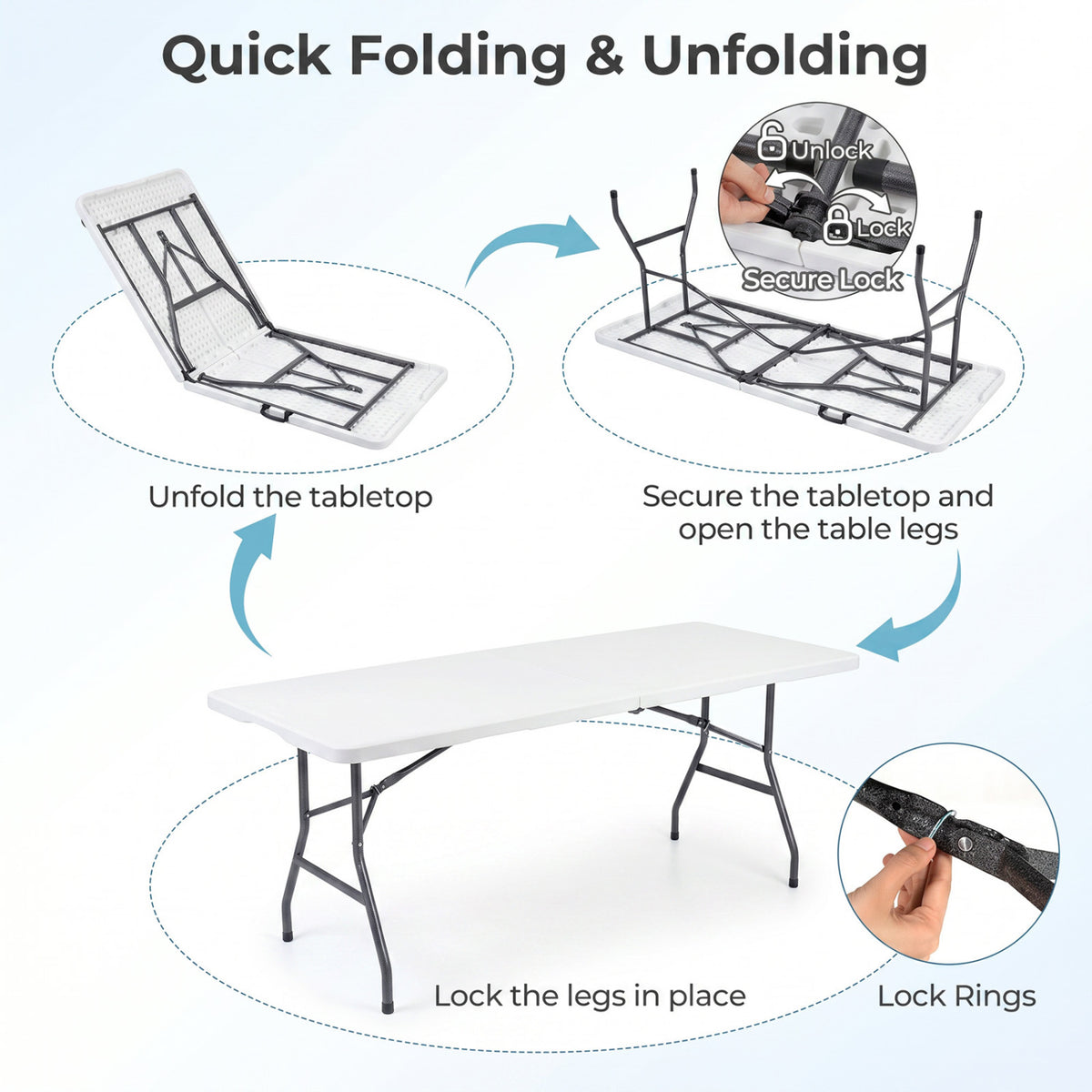 6 FT Plastic Fold-in-Half Camping Table-White