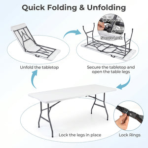 6 FT Plastic Fold-in-Half Camping Table-White