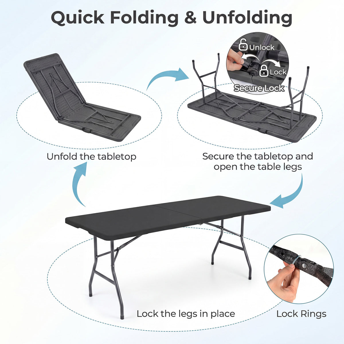 6 FT Plastic Fold-in-Half Camping Table-Black
