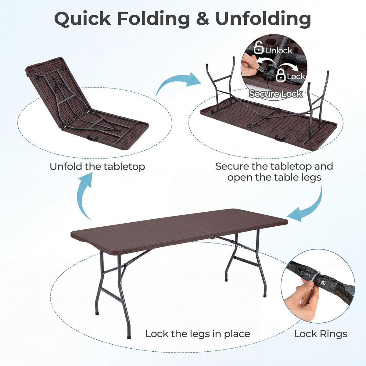 6 FT Plastic Fold-in-Half Camping Table-Coffee