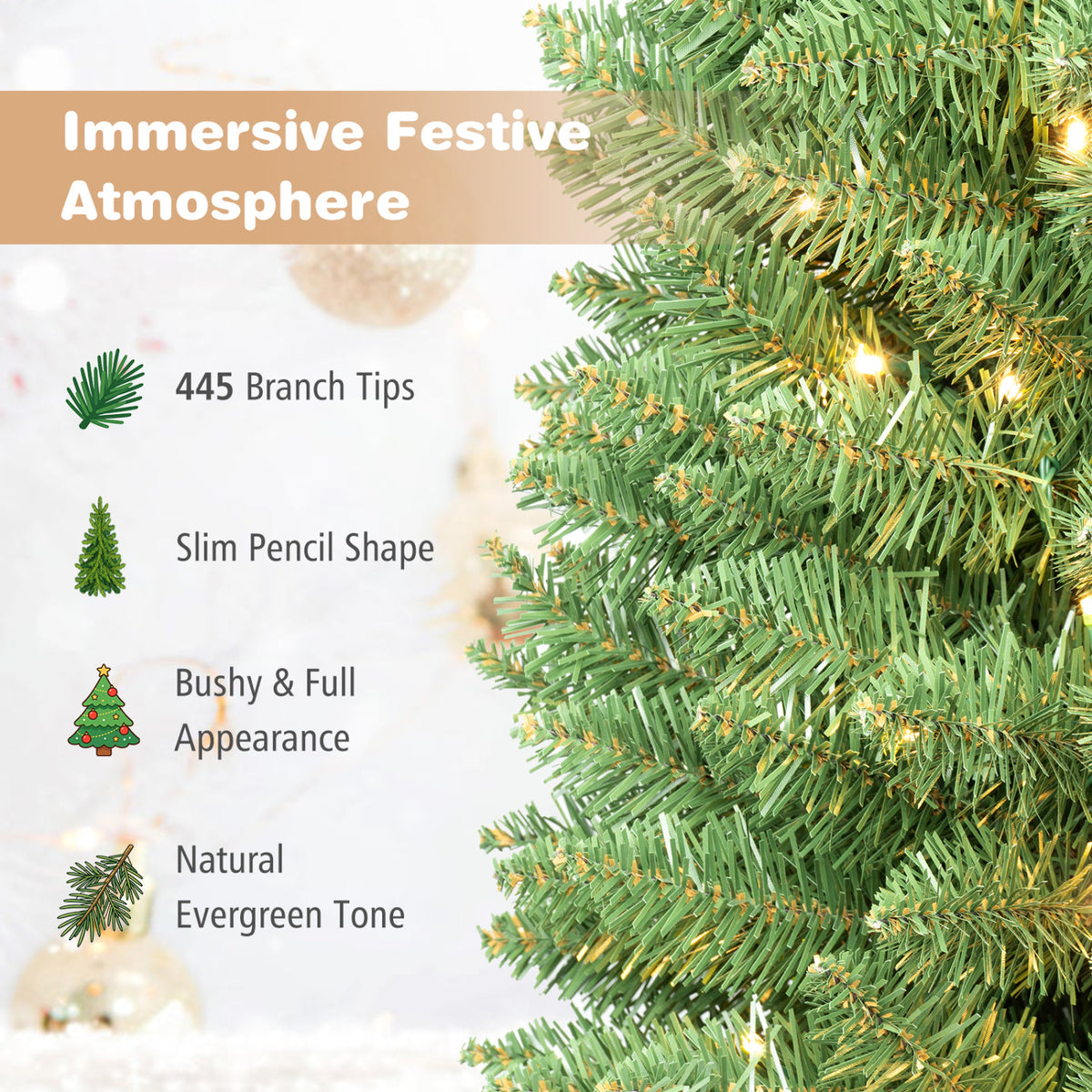 6 FT Pre-Lit Pencil Christmas Tree with 180 Warm White LED Lights