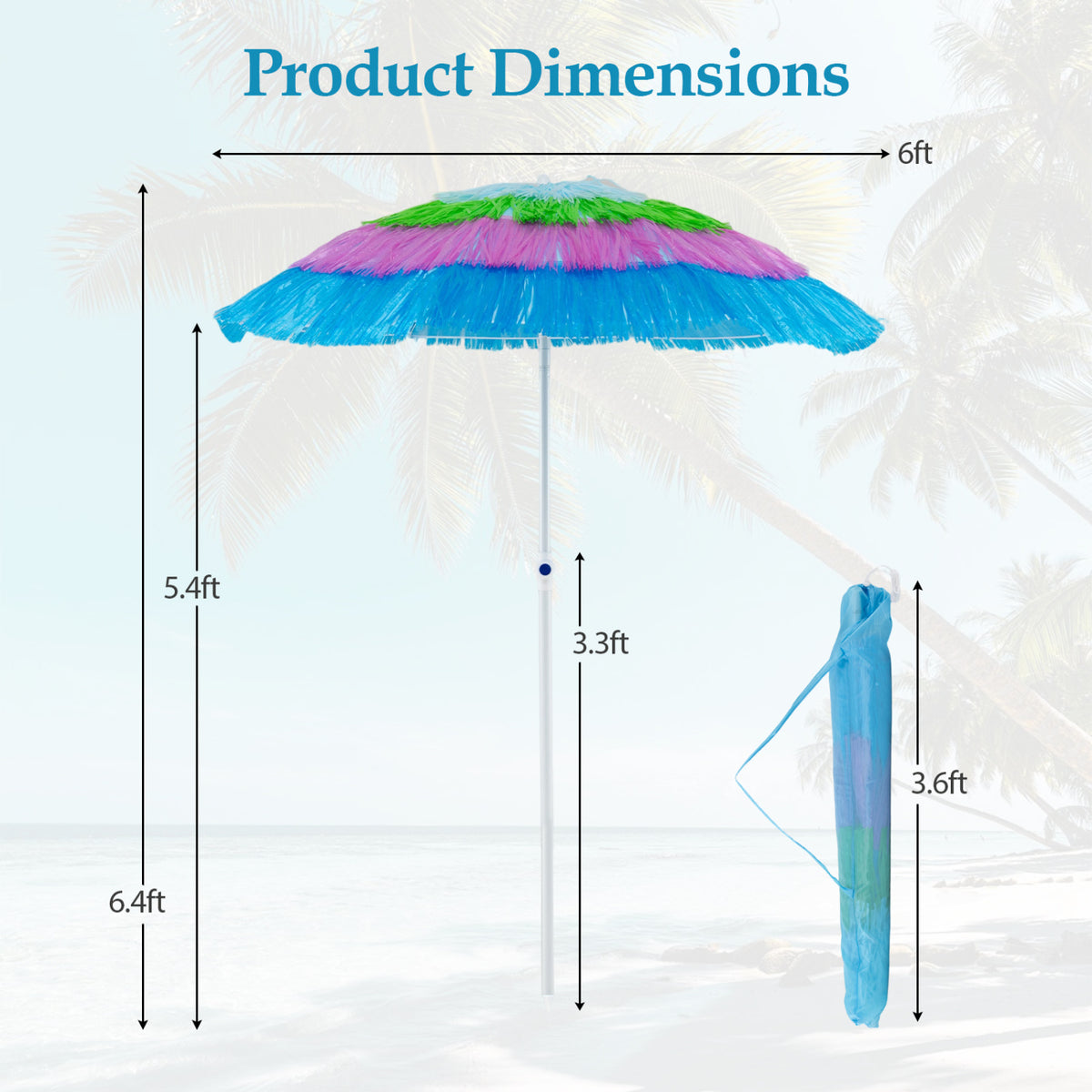 6 FT Tiki Thatched Patio Beach Umbrella with Push Button Tilt Carrying Bag-Colorful