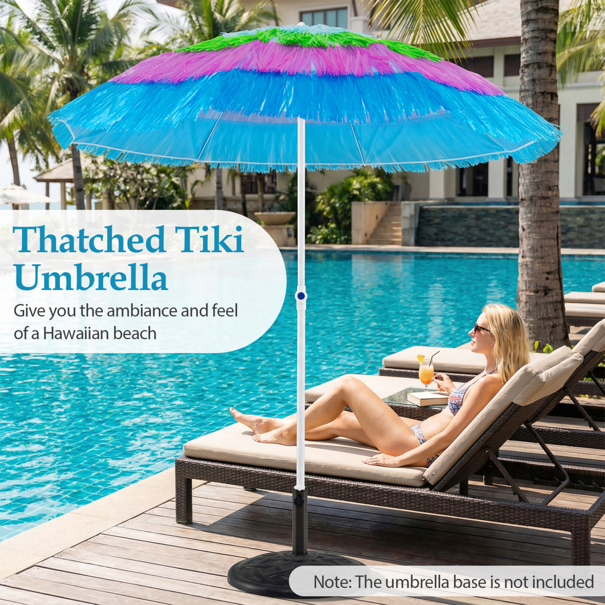 6 FT Tiki Thatched Patio Beach Umbrella with Push Button Tilt Carrying Bag-Colorful